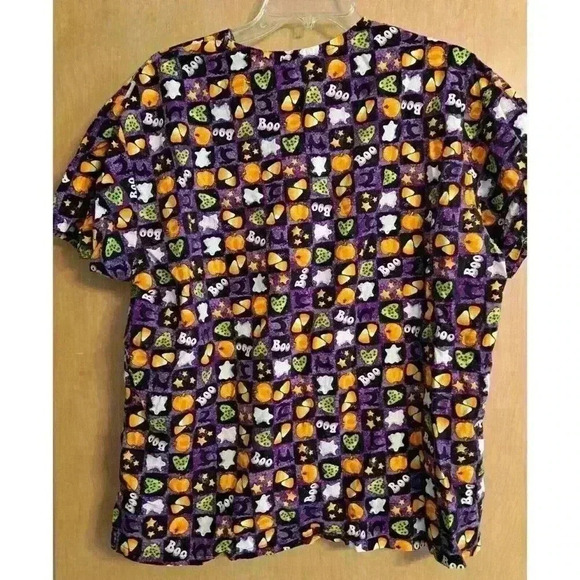 Peaches Womens Scrub Top L Large Halloween Ghost Pumpkin V Neck Pocket Orange - Picture 2 of 2
